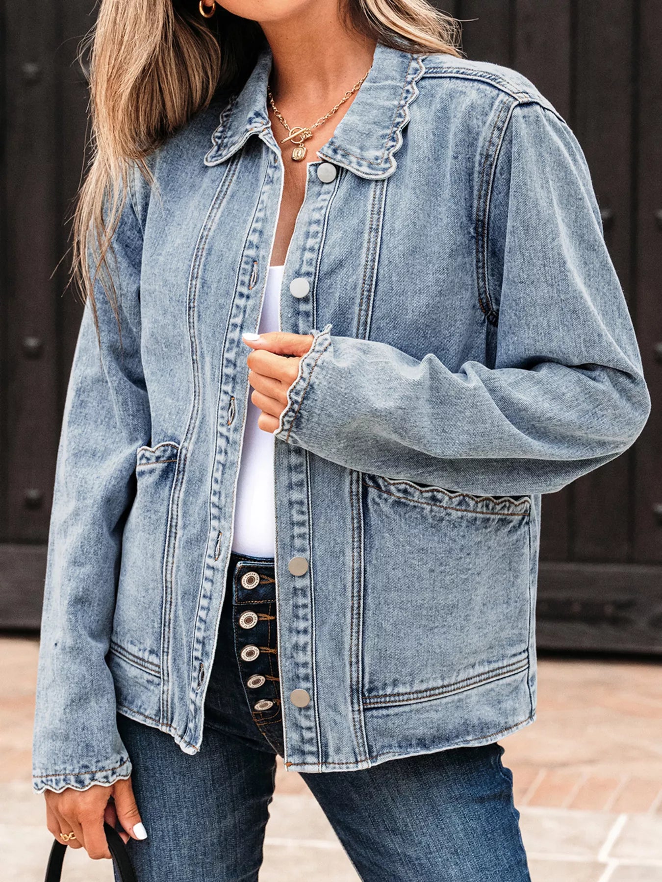 Scallop Trim Collar Patched Pocket Button Up Denim Jacket OutfitFlow