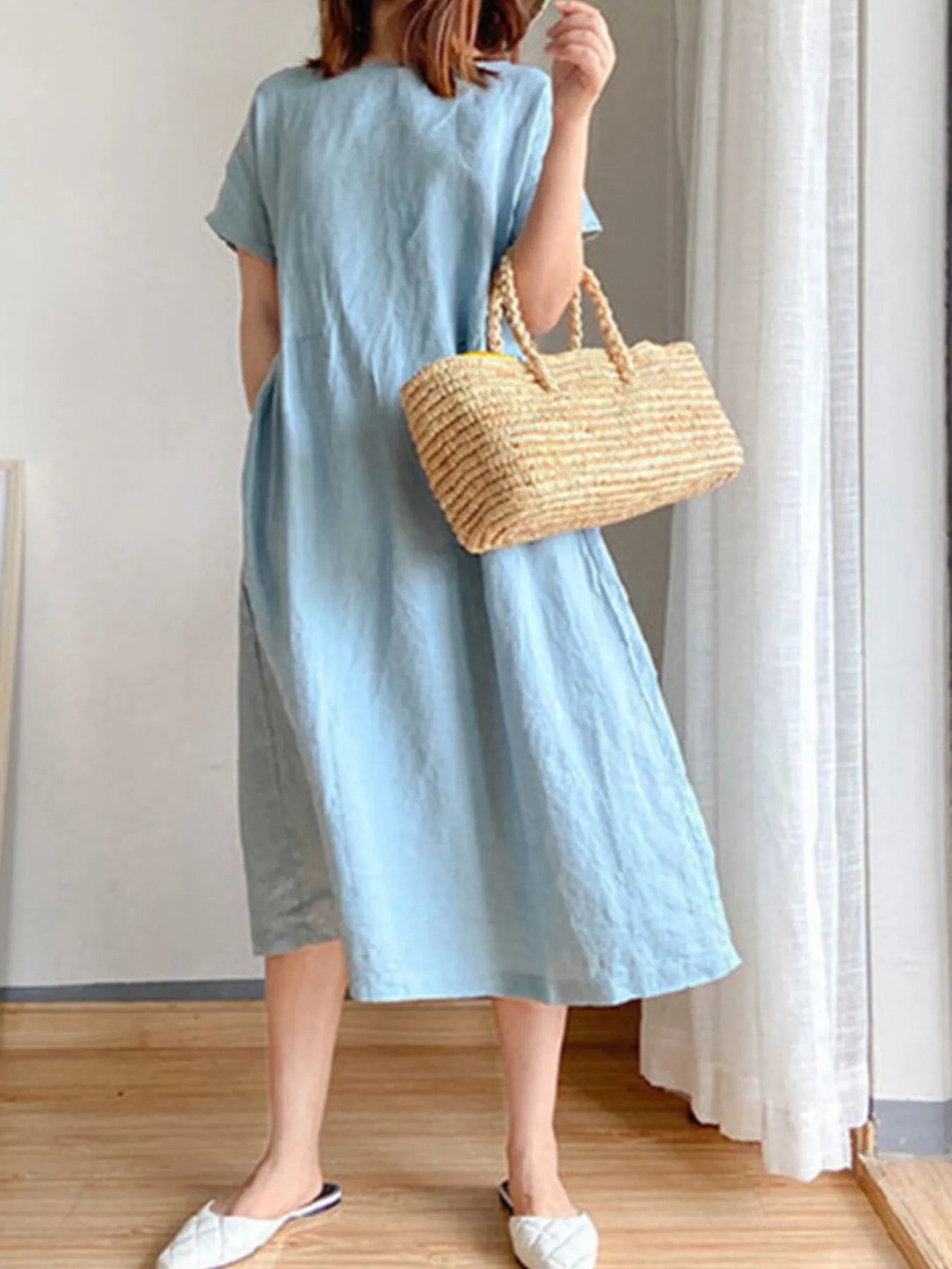 Full Size Casual Round Neck Midi Dress Plus Size Light Blue OutfitFlow