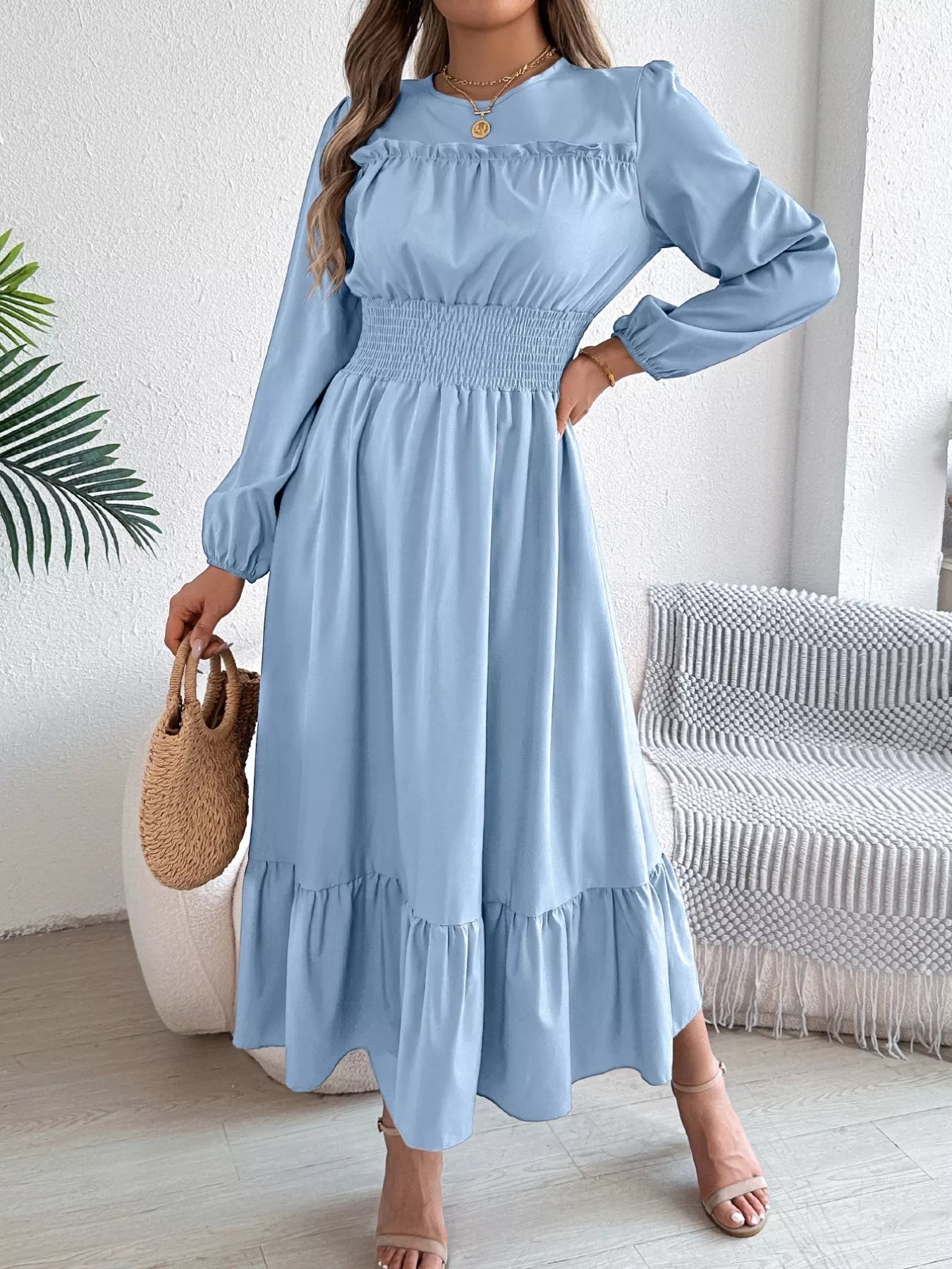 Round Neck Balloon Sleeve Tiered Dress OutfitFlow