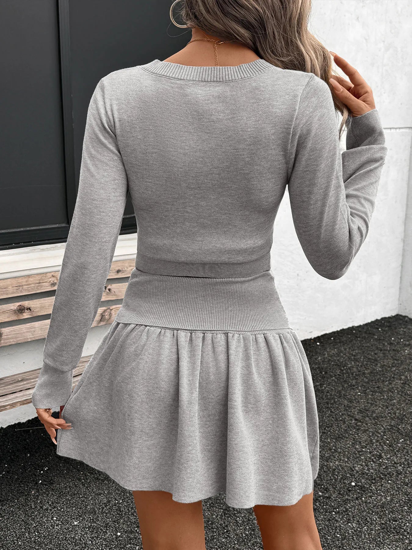 Ribbed Long Sleeve Top and Skirt Knit Set OutfitFlow