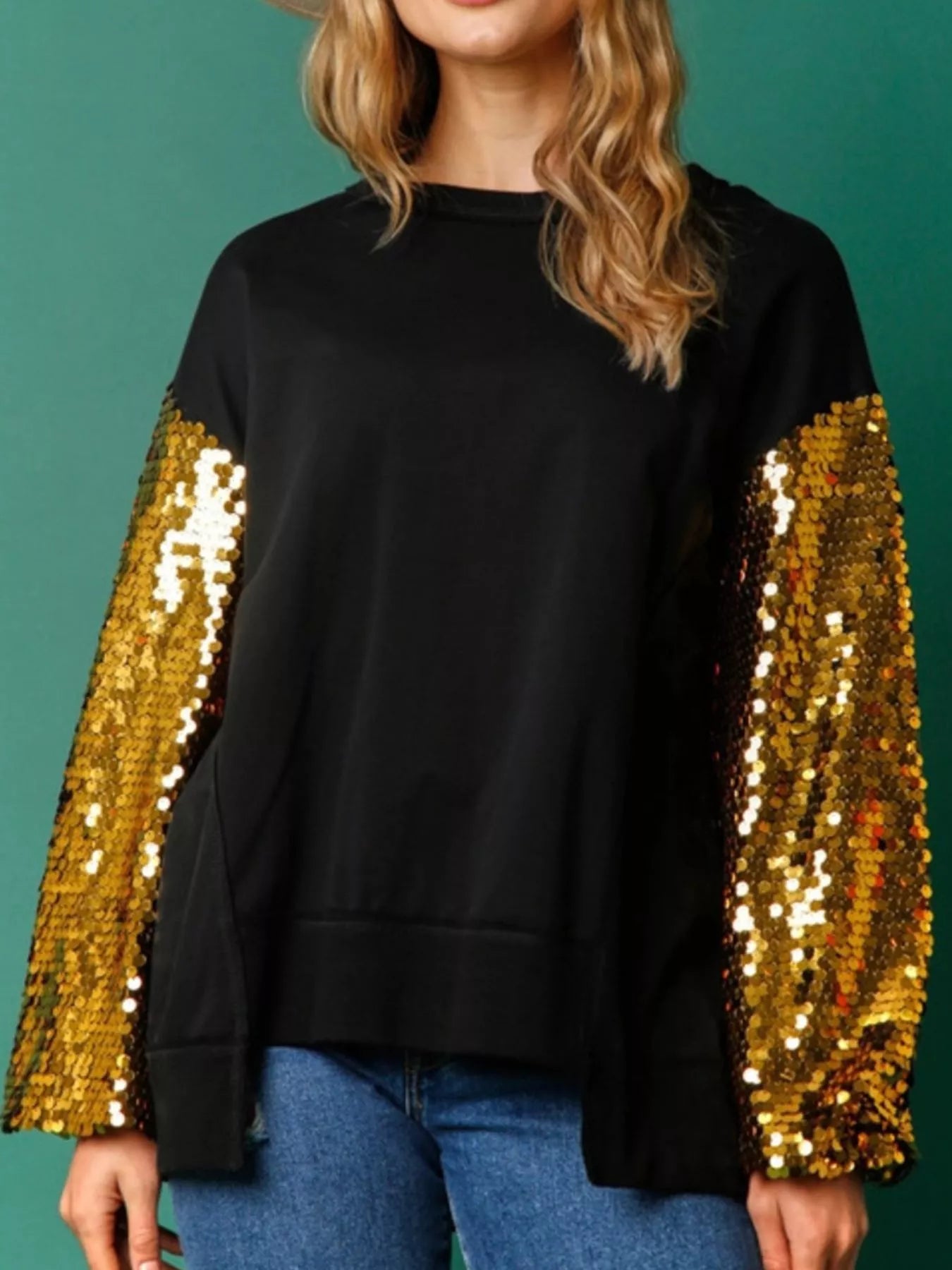 Sequin Long Sleeve Round Neck Sweatshirt OutfitFlow