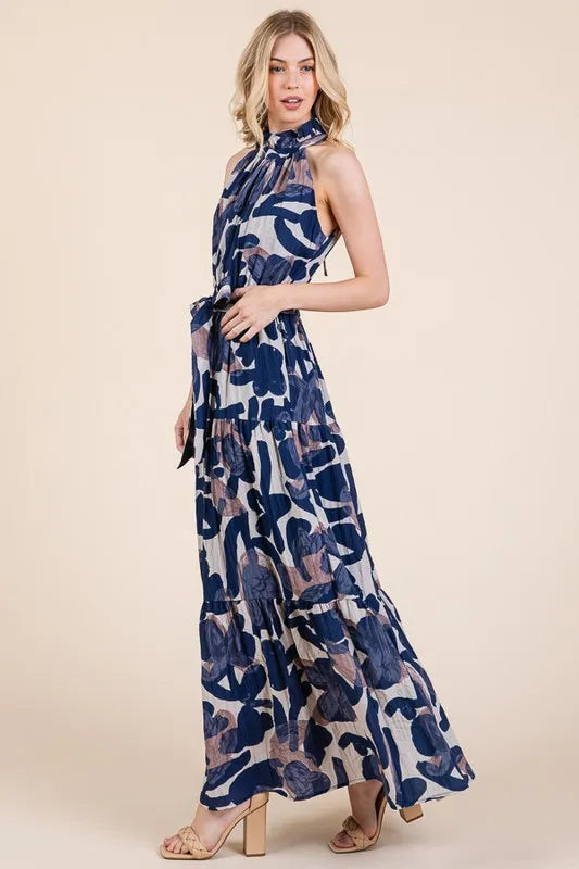 Lime 'N' Chili Abstract Halter Neck Tie-Waist Tiered Maxi Dress OutfitFlow