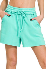 Zenana Fleece Raw Hem Shorts With Draw String MINT OutfitFlow