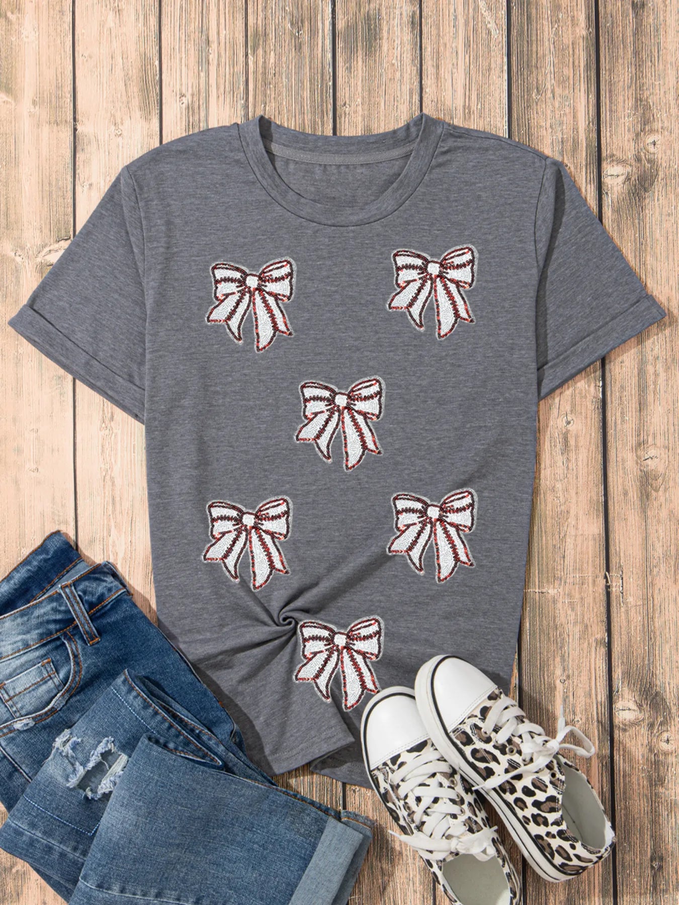 Sequin Bow Short Sleeve Tee OutfitFlow