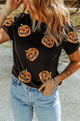 Sequin Pumpkin Round Neck Short Sleeve T-Shirt OutfitFlow