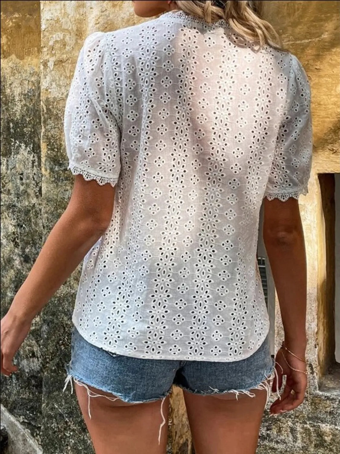 Full Size Lace Detail Eyelet V-Neck Short Sleeve Blouse Plus Size OutfitFlow