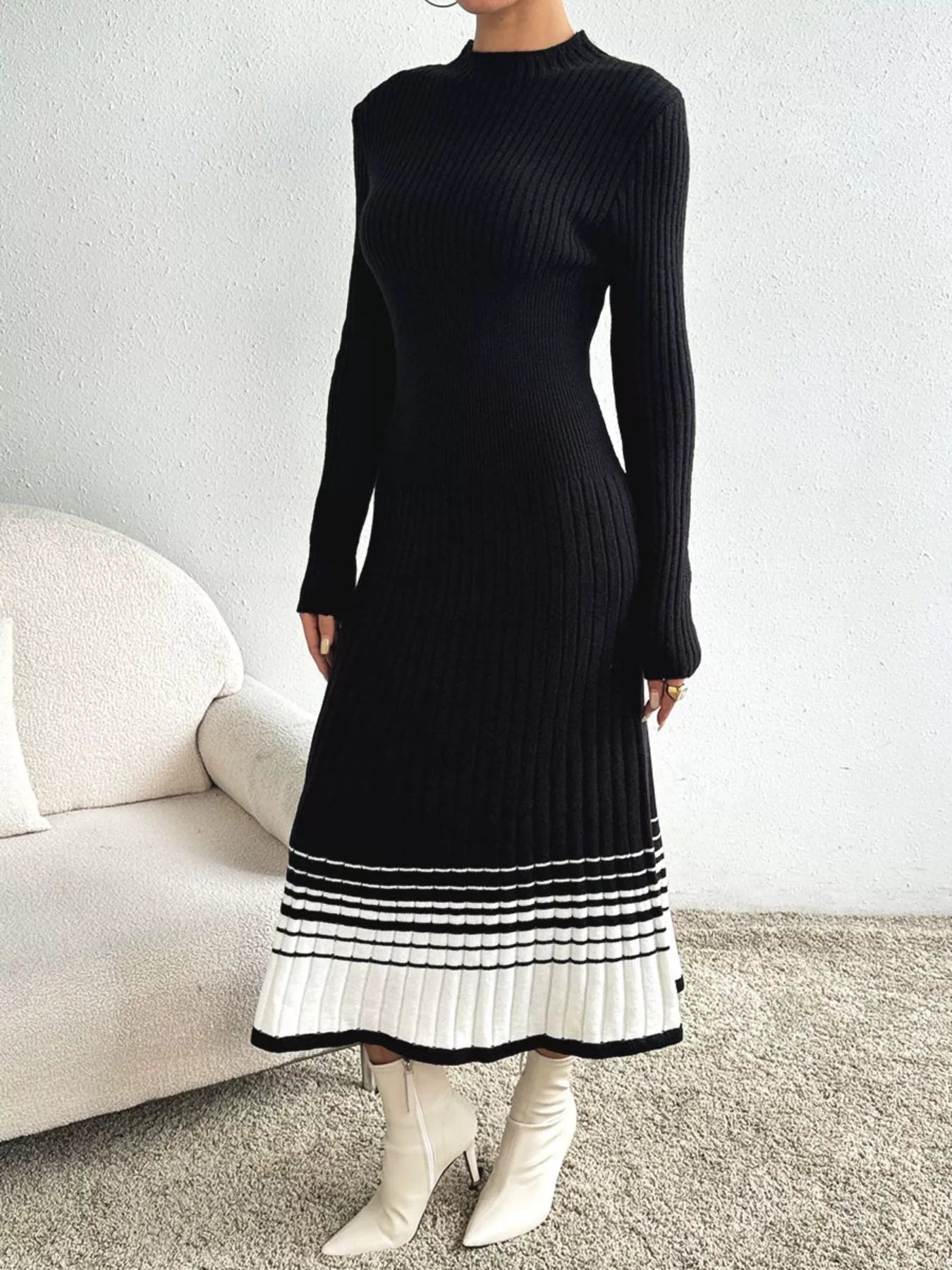 Ribbed Knit Sweater Dress with Striped Hem OutfitFlow