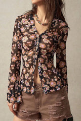 Floral Button-Front Shirt with Bell Sleeves OutfitFlow