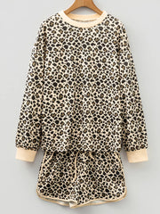 Leopard Print Contrast Trim Long Sleeve Pullover and Drawstring Shorts 2pcs Outfit OutfitFlow