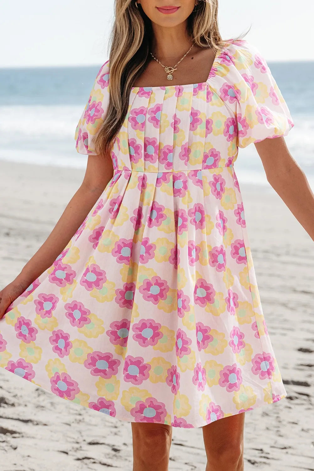 Floral Square Neck Puff Sleeve Pleated Flared Midi Dress Dusty Pink OutfitFlow