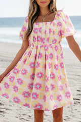 Floral Square Neck Puff Sleeve Pleated Flared Midi Dress Dusty Pink OutfitFlow