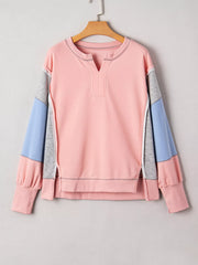 Exposed Seam Color Block Patchwork Slit Cuffs Oversize Sweatshirt OutfitFlow
