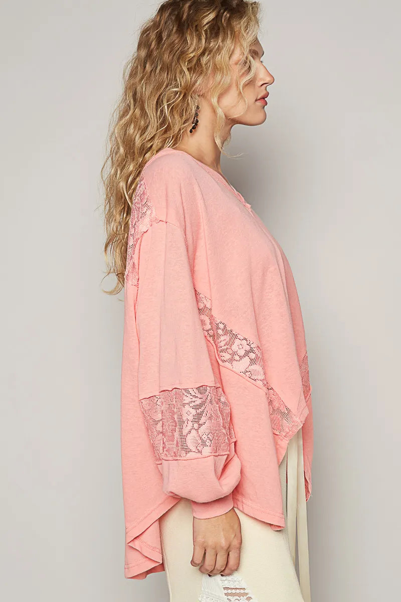 POL V-Neck Long Sleeve T-Shirt with Lace Detail OutfitFlow