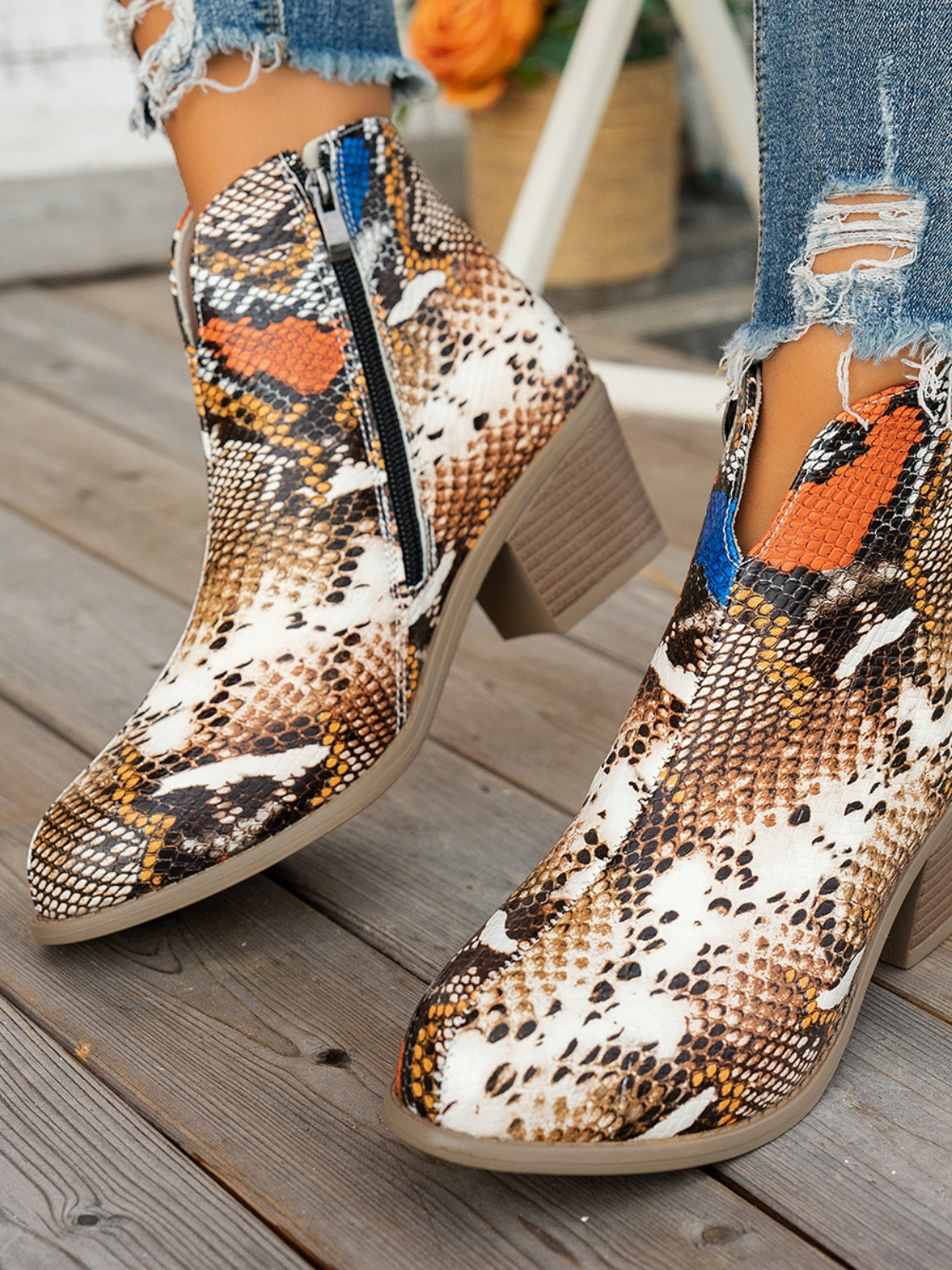 Outfit Flow - Printed Block Heel Boots with Side Zip