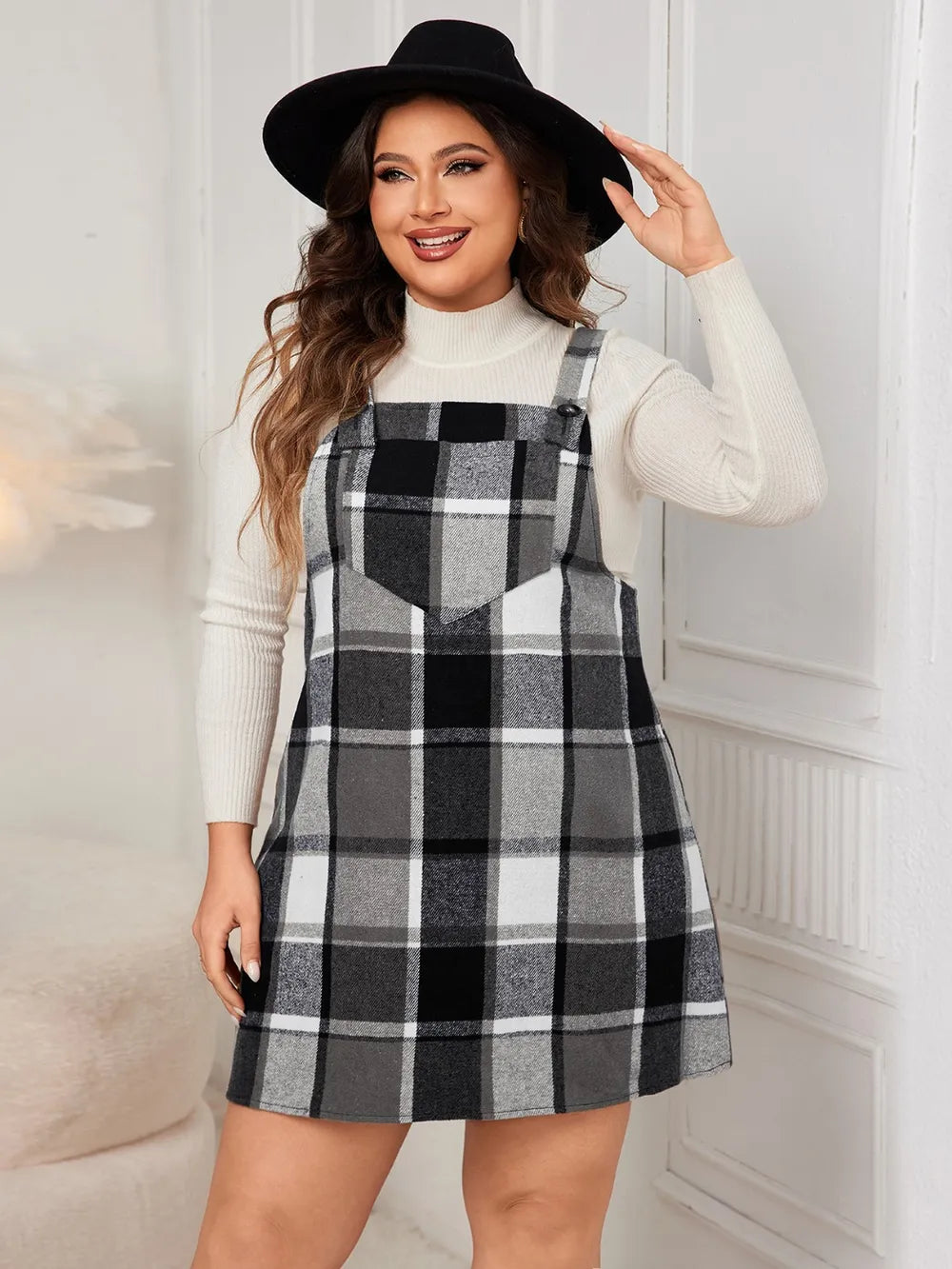 Honey Plus Size Plaid Wide Strap Overall Dress Black OutfitFlow