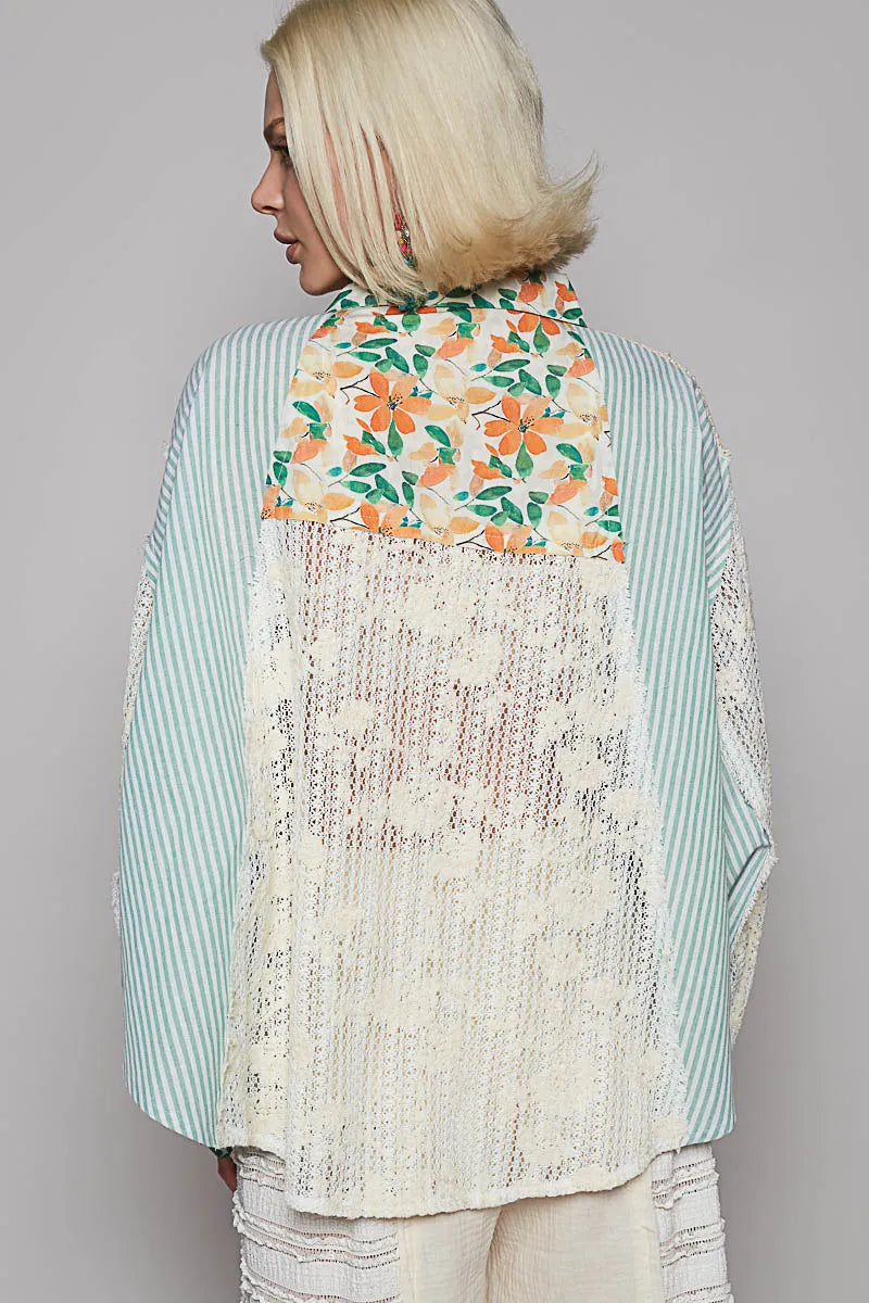 POL Lace Long Sleeve Shirt with Floral and Striped Pattern OutfitFlow