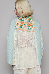 POL Lace Long Sleeve Shirt with Floral and Striped Pattern OutfitFlow
