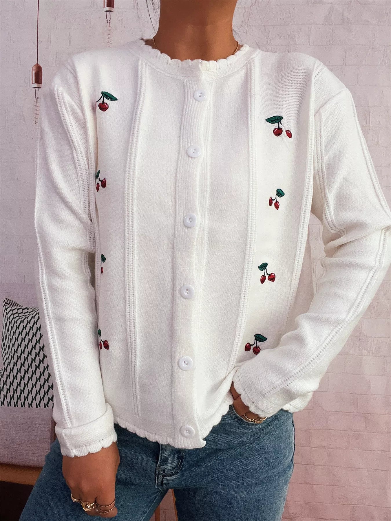 Cherry Embroidered Button Up Cardigan OutfitFlow
