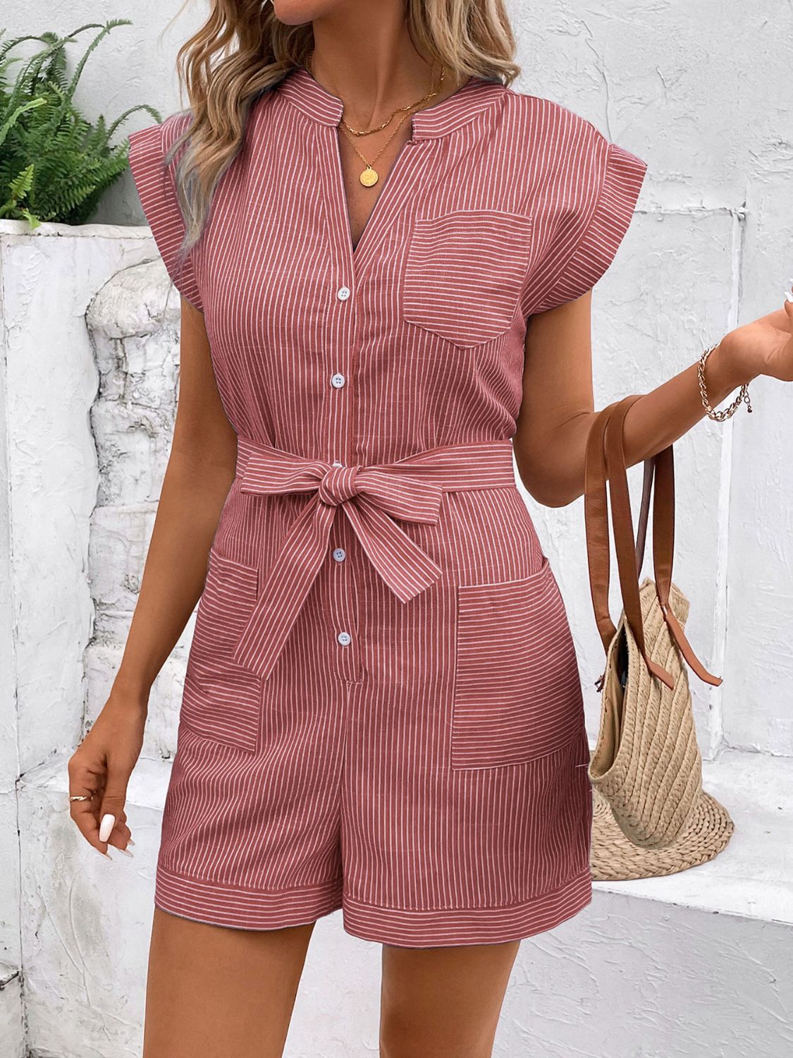 Outfit Flow - Perfee Striped Notched Tie Waist Romper