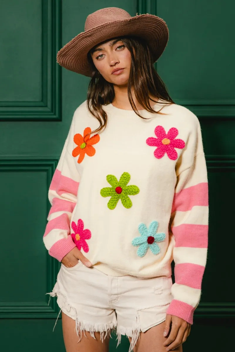 BiBi Colorful Floral Patched Sweater with Striped Sleeve OutfitFlow