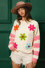 BiBi Colorful Floral Patched Sweater with Striped Sleeve OutfitFlow