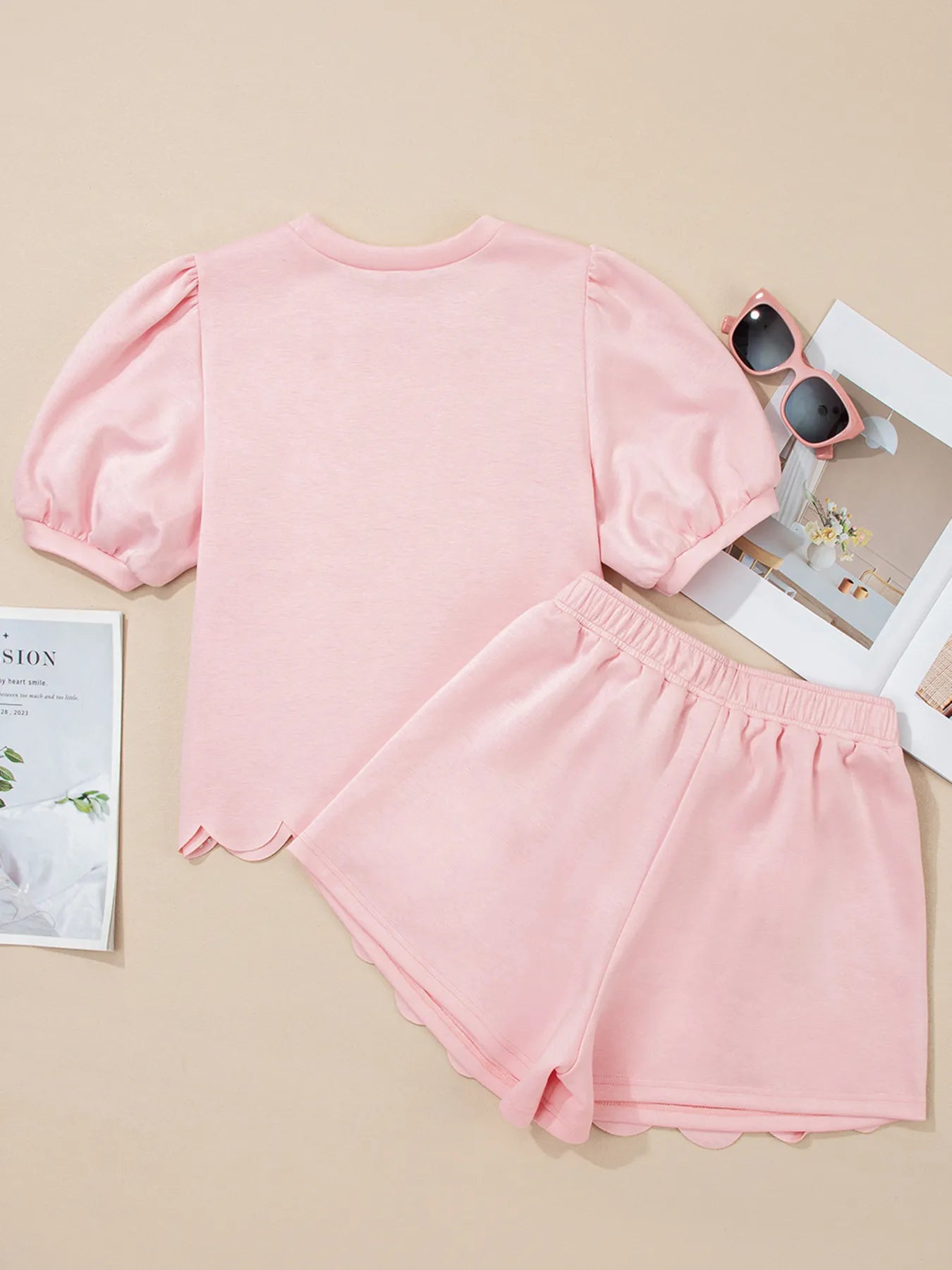 Puff Sleeve Pearl Embellished Scallop Trim Top and Skort Set OutfitFlow