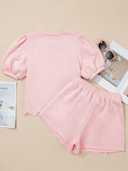Puff Sleeve Pearl Embellished Scallop Trim Top and Skort Set OutfitFlow
