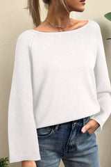 Boat Neck Raglan Sleeve Knit Top White OutfitFlow