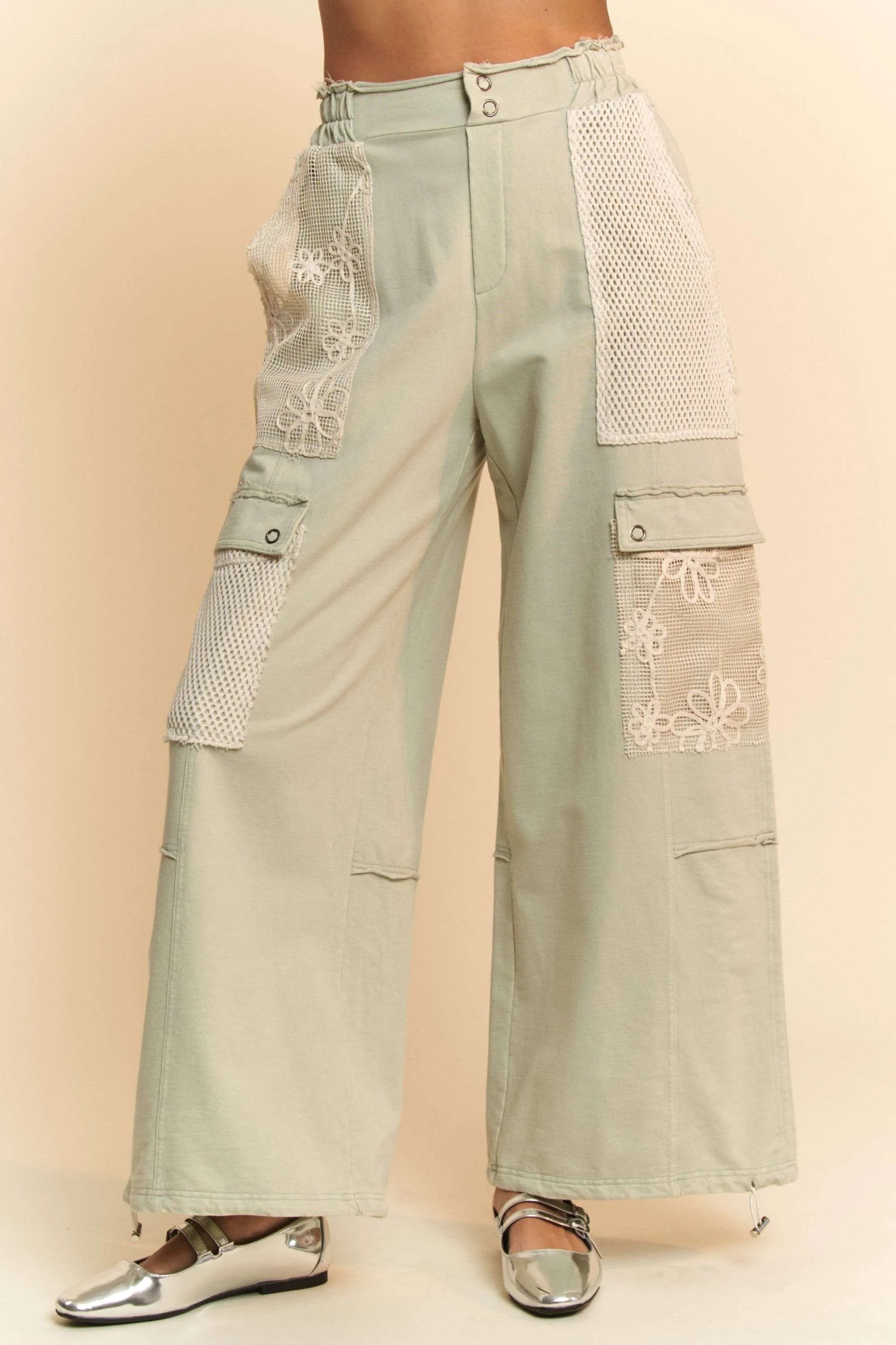 Davi & Dani Lace Patchwork Bottom Opening Adjustable Pants OutfitFlow