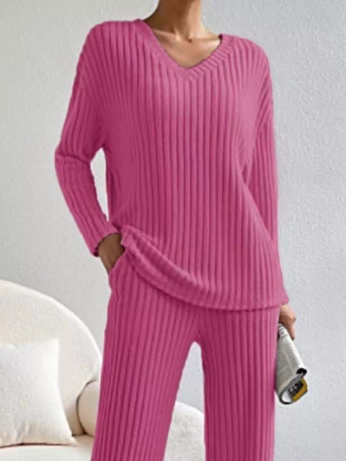 Ribbed Knit V-Neck Top and Pants Set OutfitFlow