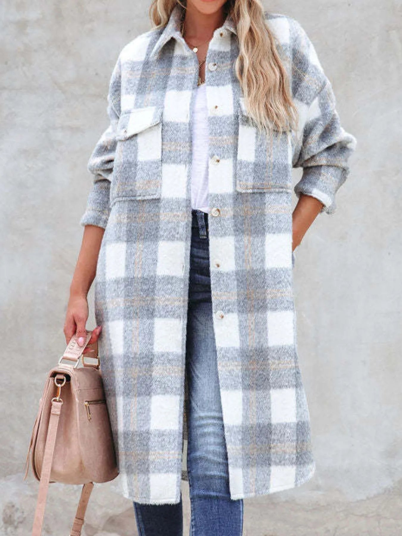 Oversized Plaid Button Up Longline Jacket OutfitFlow