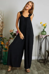 ADORA Full Size Elastic Ruffle Shoulder Jumpsuit Plus Size OutfitFlow