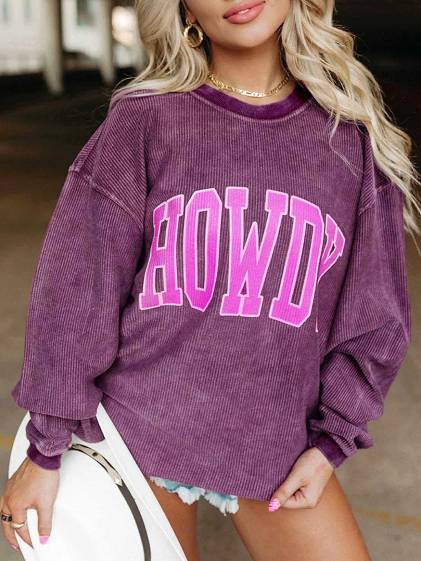 Full Size Howdy Round Neck Oversized Sweatshirt Plus Size Purple OutfitFlow