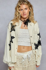 POL Star Patch Raw Hem Button Up Denim Jacket Cream OutfitFlow