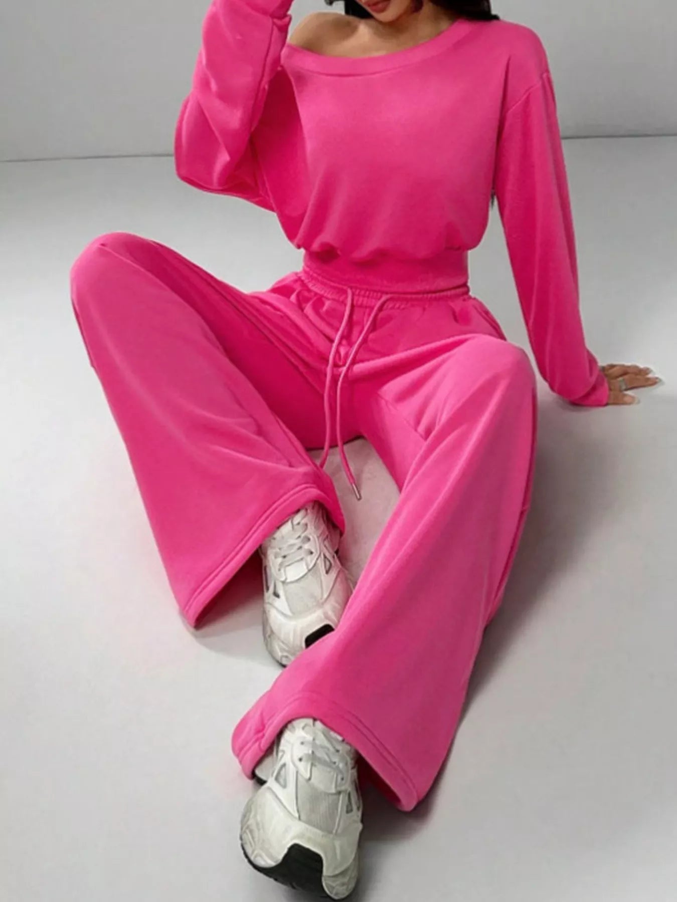 Boat Neck Long Sleeve Top and Pants Set OutfitFlow