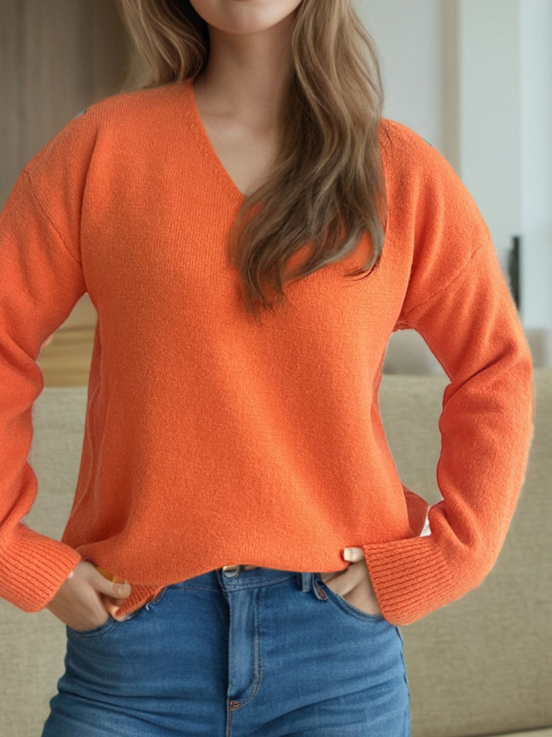 Outfit Flow - V-Neck Dropped Shoulder Long Sleeve Sweater