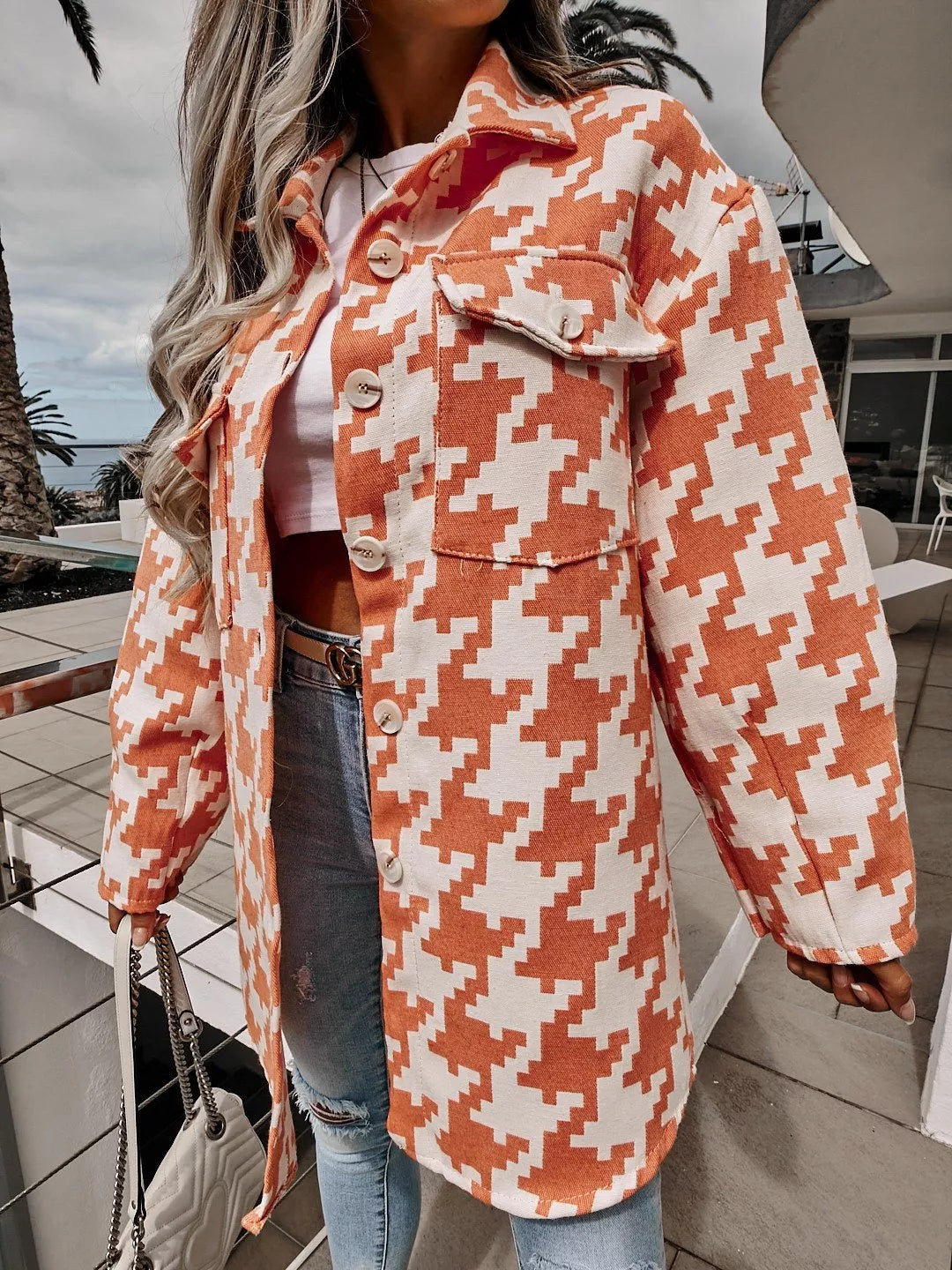 Houndstooth Button Up Long Sleeve Outerwear OutfitFlow