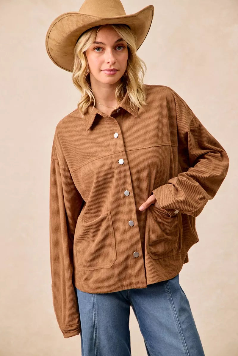 BiBi Corduroy Relaxed Fit Shacket with Back Pleat OutfitFlow