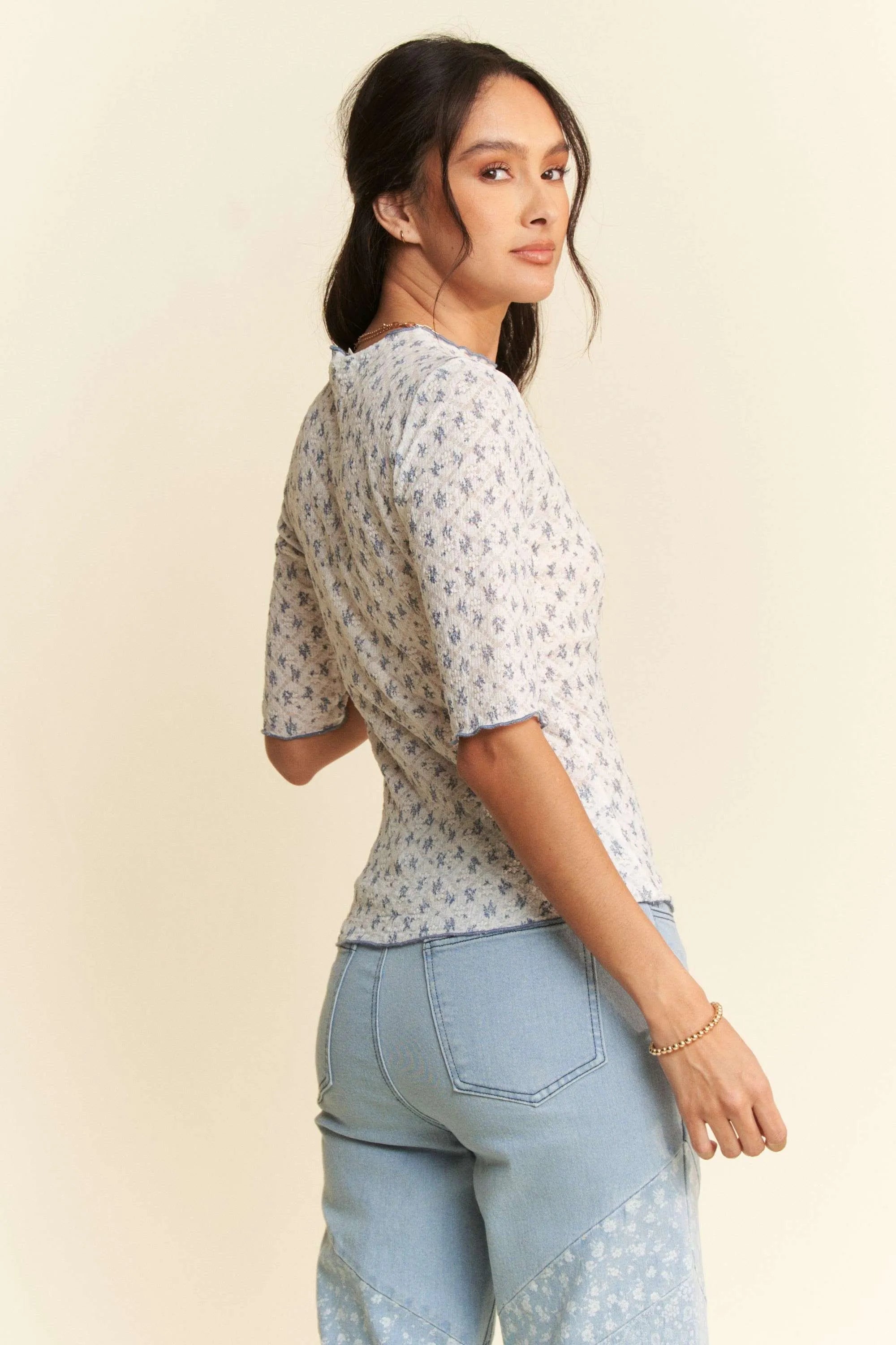 Davi & Dani Lace Stretch Floral Marrow Edge Half Sleeve Top OutfitFlow