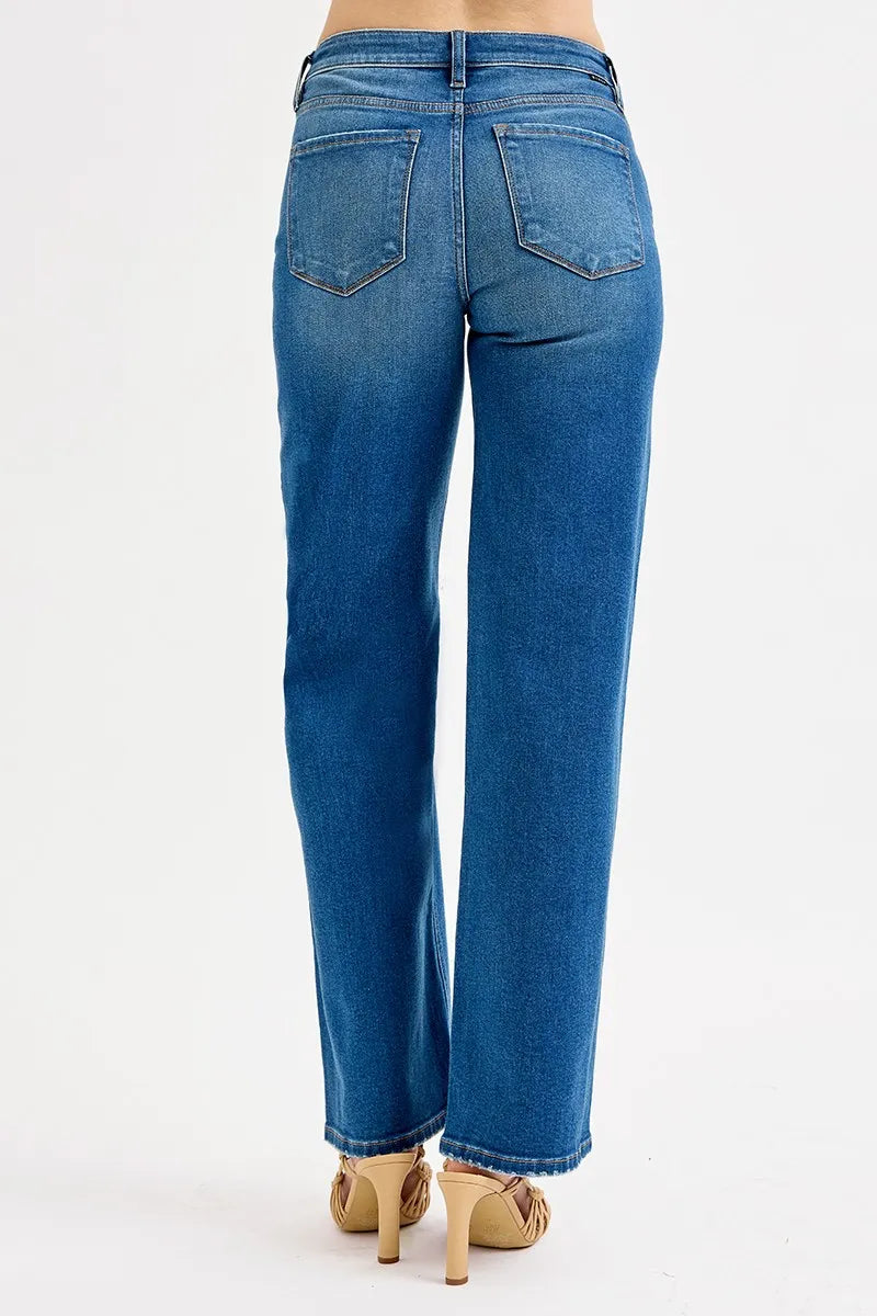 RISEN Full Size Mid Waist Fit Boyfriend Knee Distressed Jeans Plus Size OutfitFlow