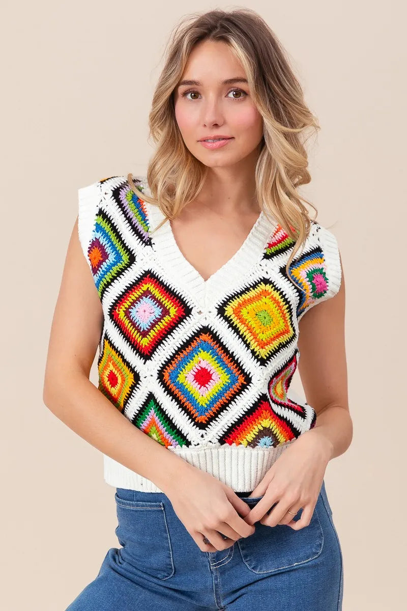 BiBi Diamond Granny Square Sweater Vest OutfitFlow