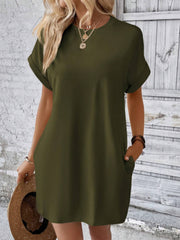 Short Sleeve Mini Tee Dress with Pockets Army Green OutfitFlow