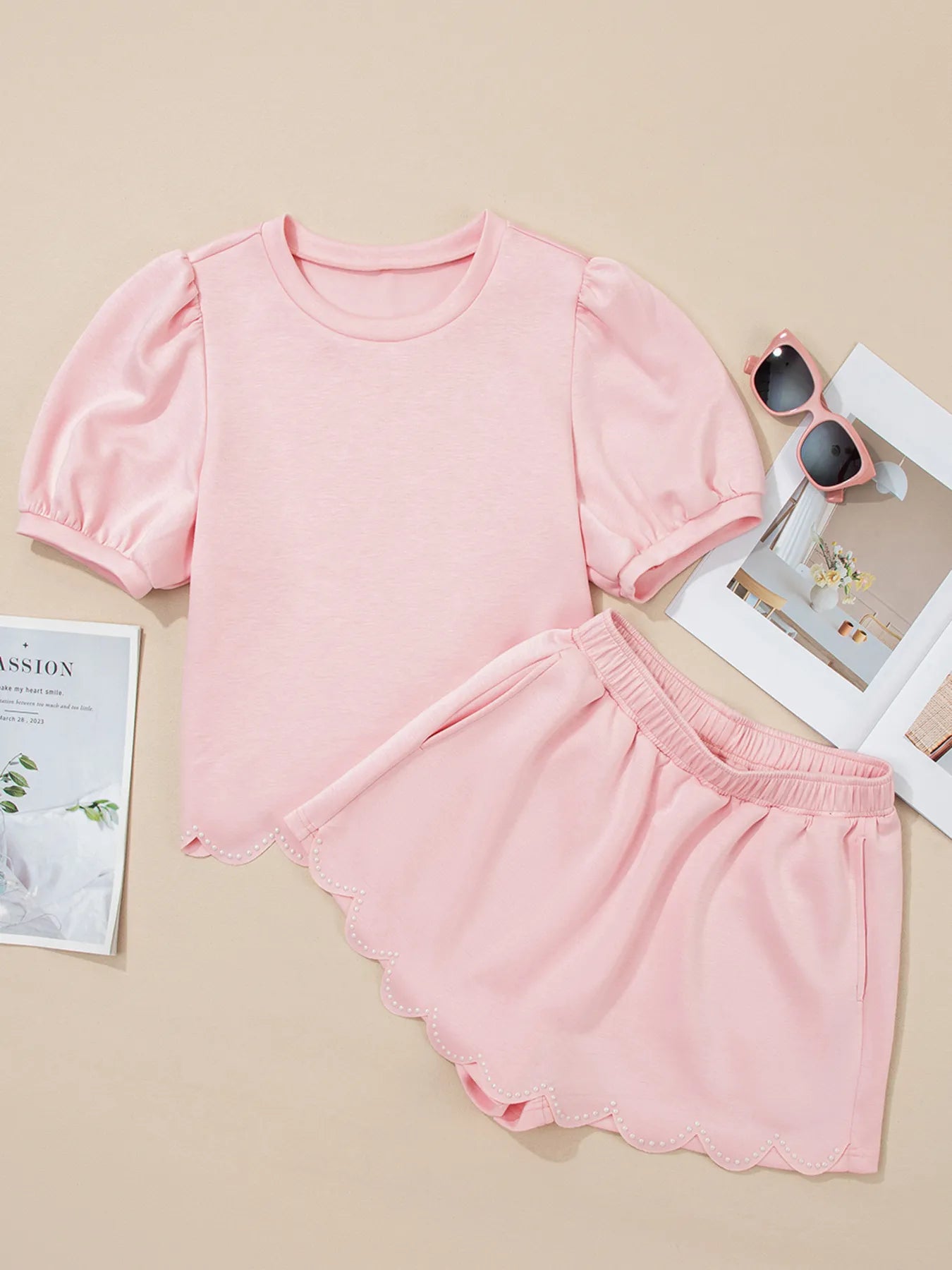Puff Sleeve Pearl Embellished Scallop Trim Top and Skort Set OutfitFlow