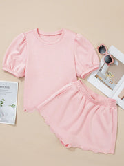Puff Sleeve Pearl Embellished Scallop Trim Top and Skort Set OutfitFlow