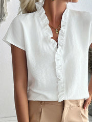 Ruffled V-Neck Short Sleeve Blouse OutfitFlow