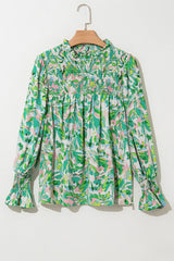 Frill Printed Mock Neck Flounce Sleeve Blouse