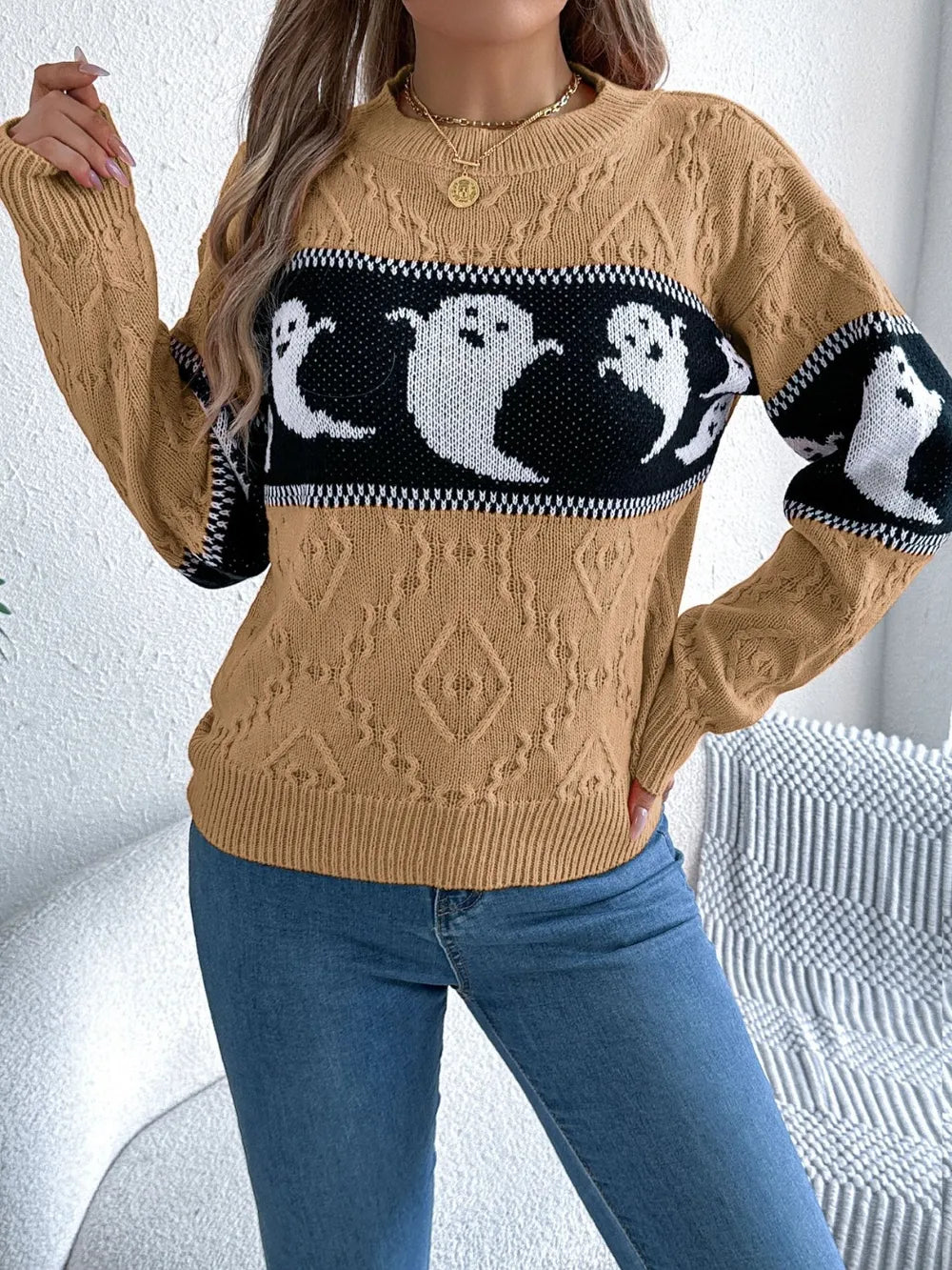 Ghost Round Neck Long Sleeve Sweater Camel OutfitFlow