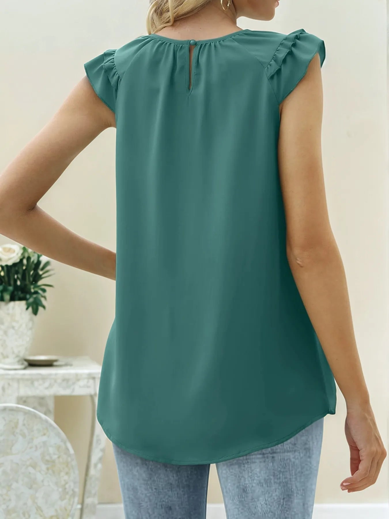 Ruffle Trim Round Neck Blouse OutfitFlow