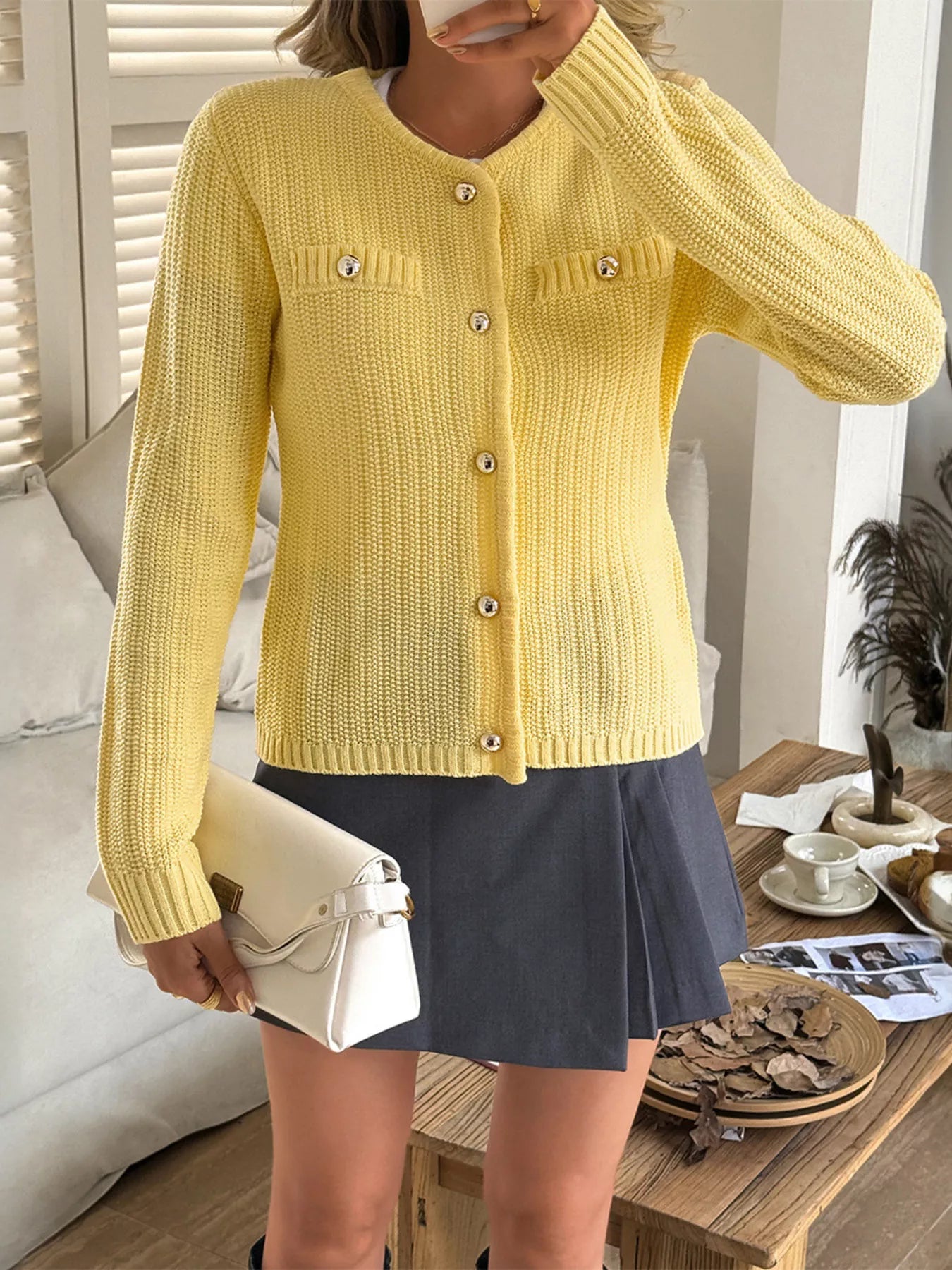 Button-Front Ribbed Long Sleeve Cardigan Yellow OutfitFlow