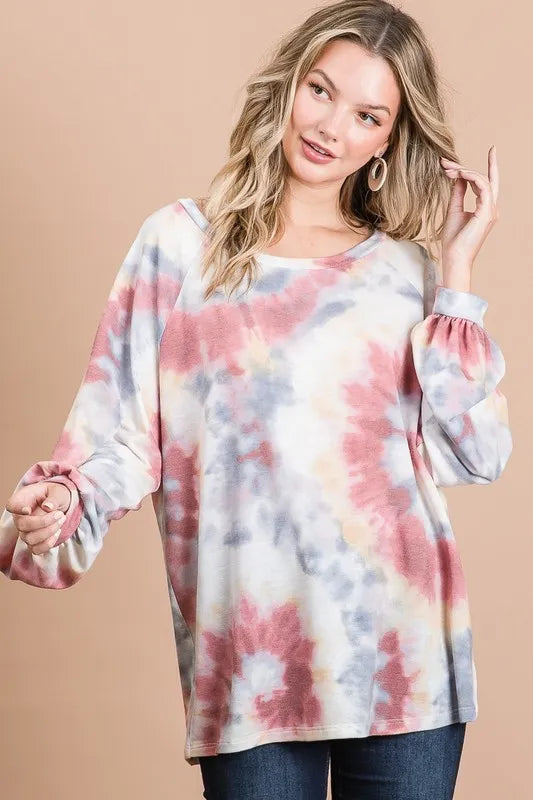 BiBi Tie Dye Print Terry Top With Puff Sleeves OutfitFlow